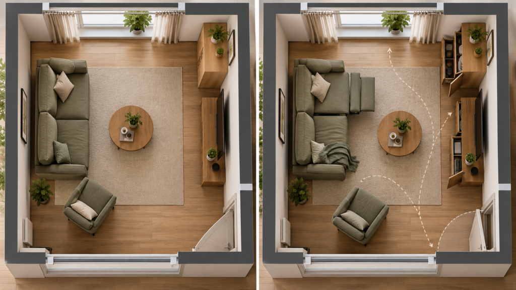 Wohnzimmer-Grundriss mit Vergleich zwischen Möbelstellfläche und aktivem Betriebszustand. Wohnzimmer Möbel anordnen: Checkliste
