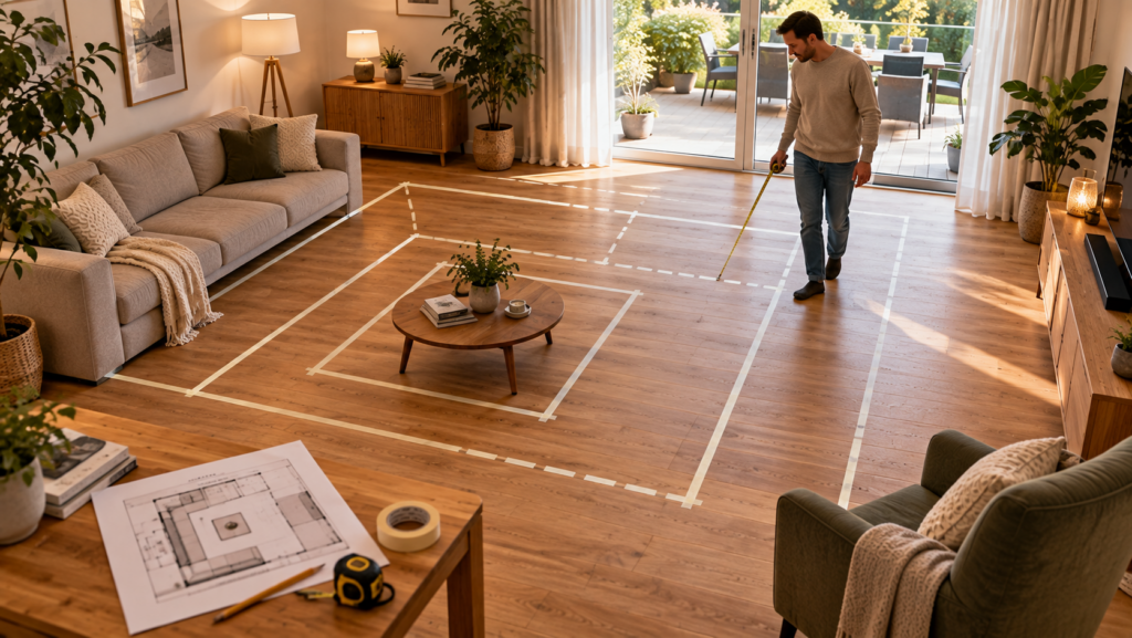 Sofa und Couchtisch vor dem Möbelkauf mit Malerkrepp im Wohnzimmer markieren