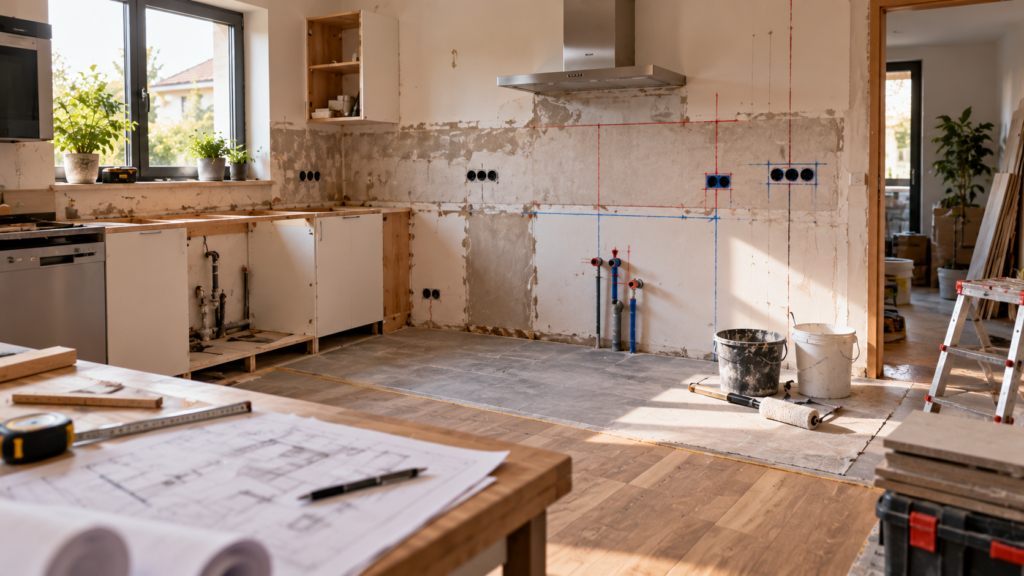 Raumvorbereitung für eine neue Küche mit Rückbau, Elektro, Wasser, Wand- und Bodenarbeiten
