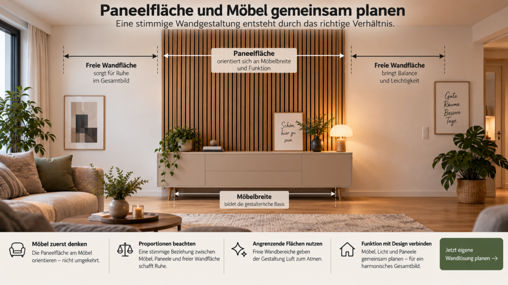 Akustikpaneele passend zu Sideboard und freier Wandfläche proportionieren