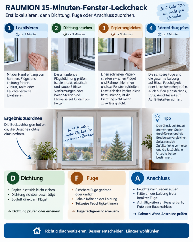 RAUMION 15-Minuten-Check zum Unterscheiden von Fensterdichtung, Fuge und Baukörperanschluss