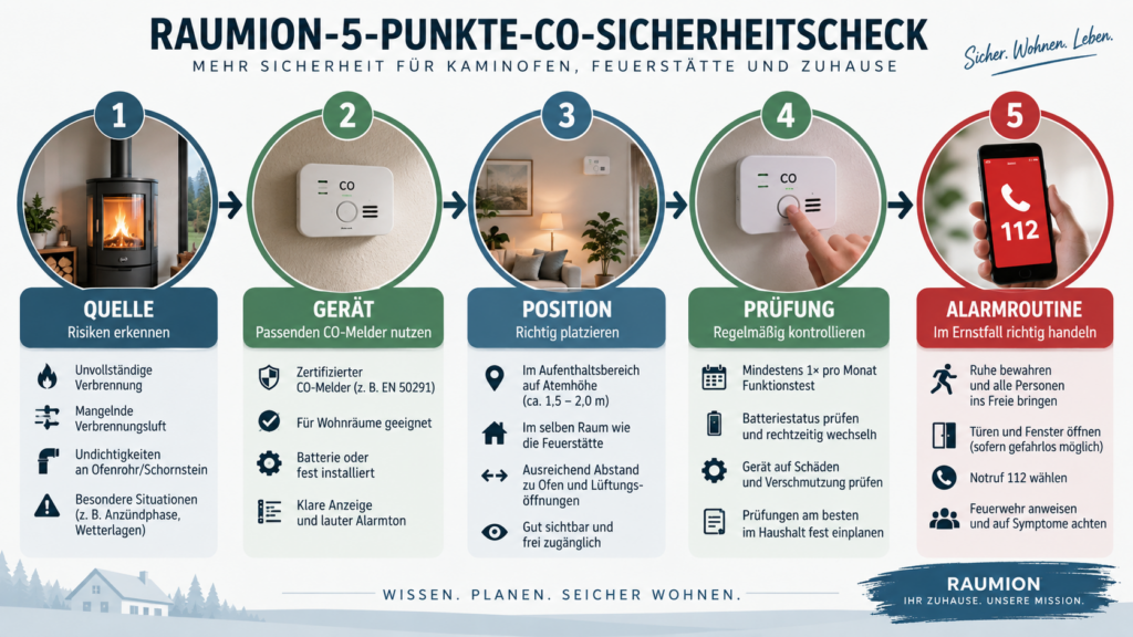 RAUMION 5-Punkte-CO-Sicherheitscheck aus Gefahrenquelle, Melder, Platzierung, Prüfung und Alarmroutine
