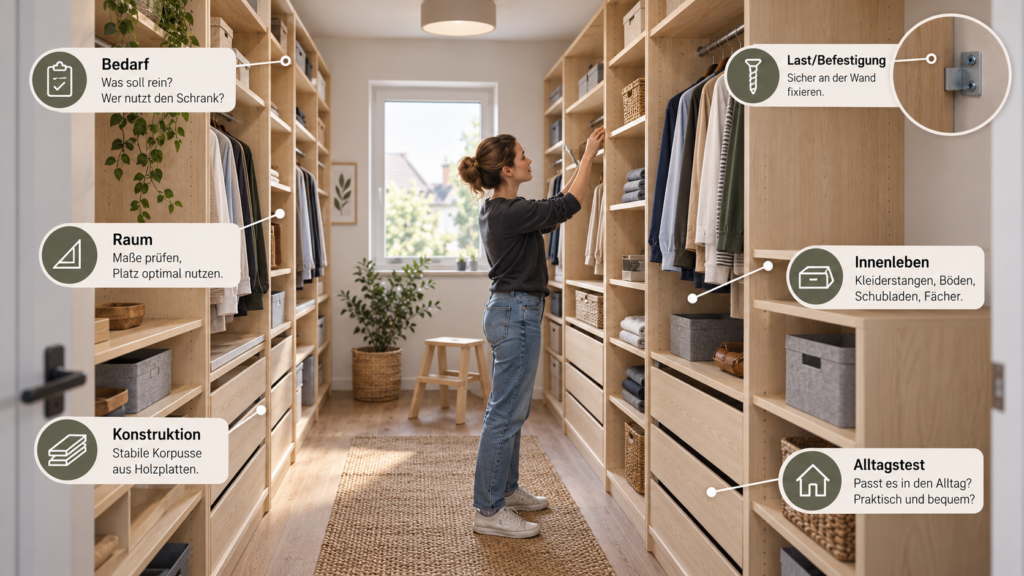 RAUMION 6-Ebenen-Bauplan für einen selbst gebauten begehbaren Kleiderschrank.Begehbaren Kleiderschrank selber bauen