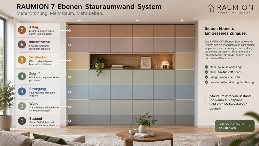 Wand als Stauraum nutzen- RAUMION 7-Ebenen-Stauraumwand-System zur Planung von Wandstauraum