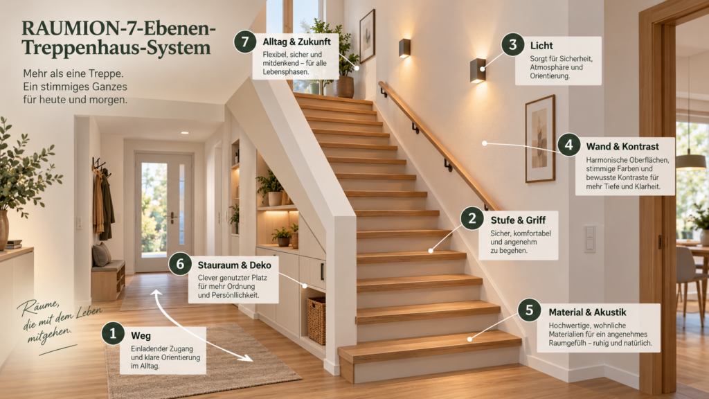 RAUMION-7-Ebenen-System zur sicheren und ruhigen Gestaltung eines Treppenhauses. Treppenhaus gestalten.