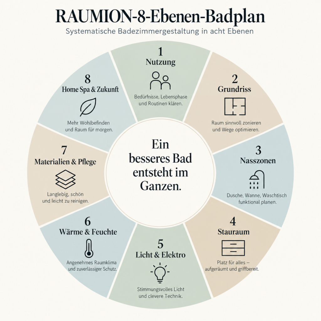 RAUMION-8-Ebenen-Badplan für die systematische Badezimmergestaltung.Badezimmer gestalten