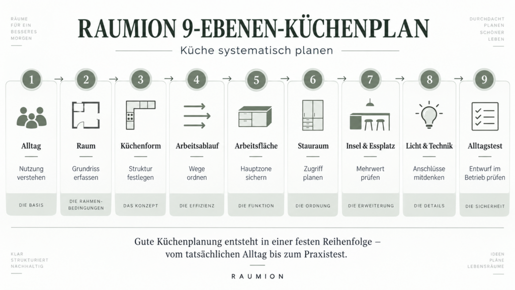 RAUMION 9-Ebenen-Küchenplan von Alltag und Grundriss bis zum Alltagstest. Küche planen