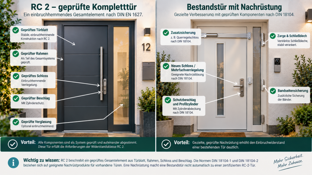 ergleich zwischen geprüfter RC-2-Haustür und Nachrüstung einer bestehenden Haustür nach geeigneten Systemen.
