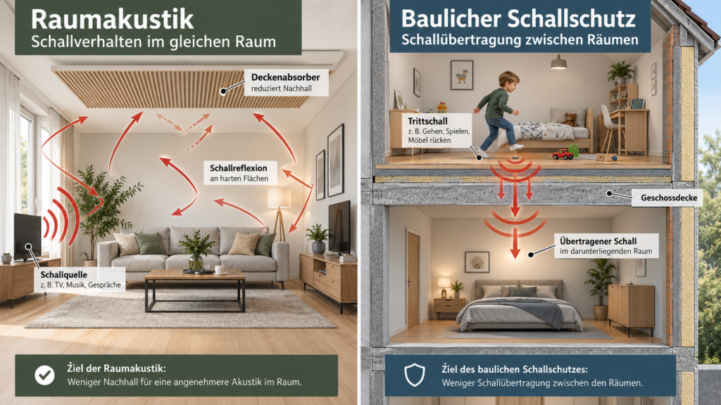 Unterschied zwischen Schallabsorption im Raum und Schalldämmung durch eine Geschossdecke