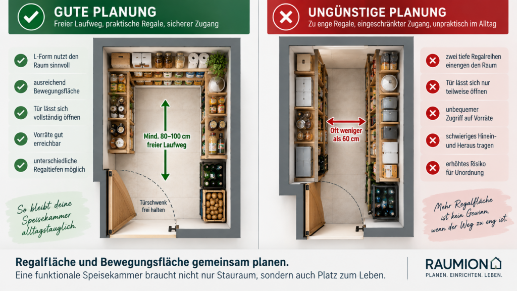 Grundriss einer Speisekammer mit freiem Laufweg und sinnvoller Regalplanung