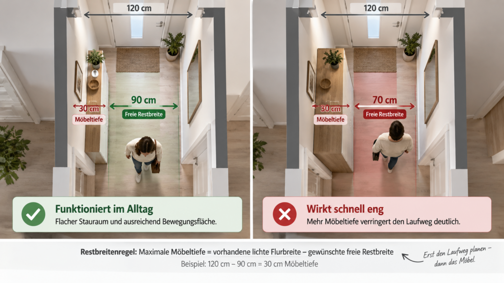 Restbreite und Möbeltiefe in einem schmalen Flur planen