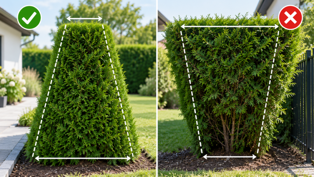 Thuja-Hecke in richtiger Trapezform und ungünstiger umgekehrter Form