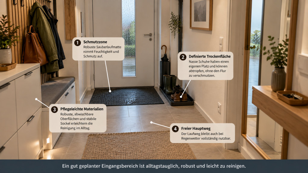 Pflegeleichte Schmutz- und Trocknungszone direkt am Hauseingang