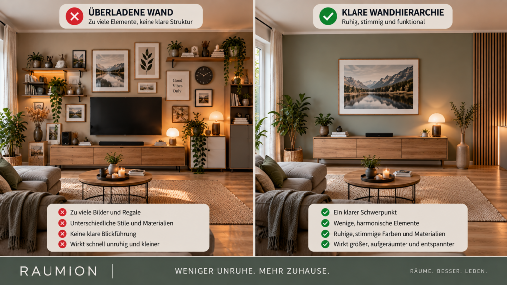 Überladene Wand im Vergleich zu ruhiger Wandgestaltung mit klarer Hierarchie