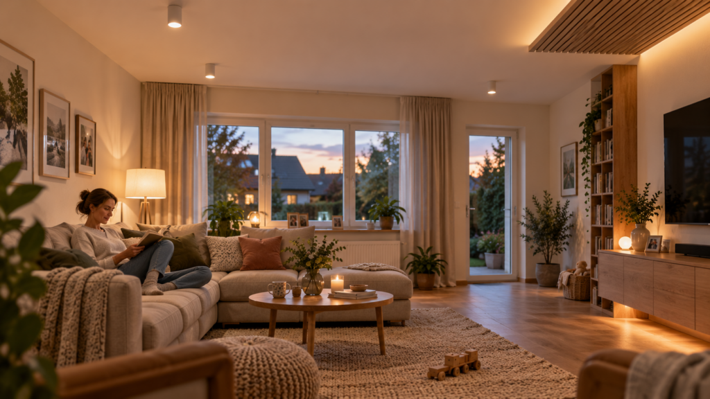 Ruhig gestaltetes Wohnzimmer mit funktionaler Decke, Akustikelementen und warmer Beleuchtung