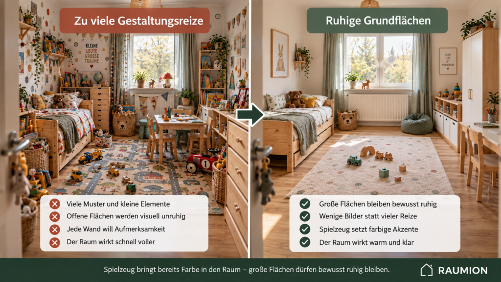 Vergleich überladenes und ruhig gestaltetes Kinderzimmer mit klaren großen Flächen