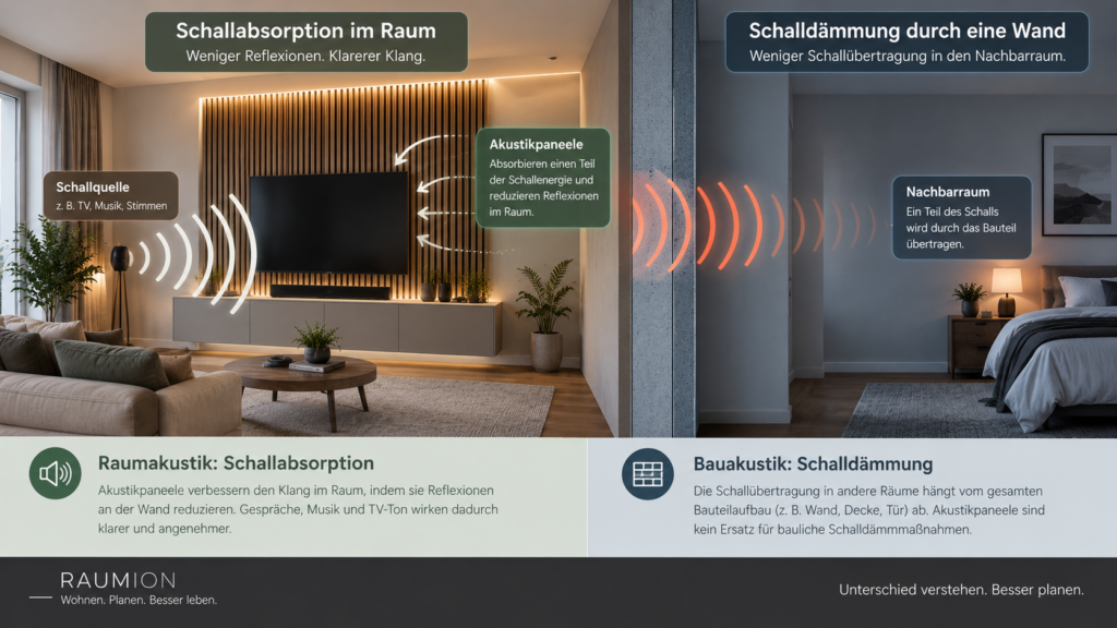 Unterschied zwischen Schallabsorption im Raum und Schalldämmung durch eine Wand