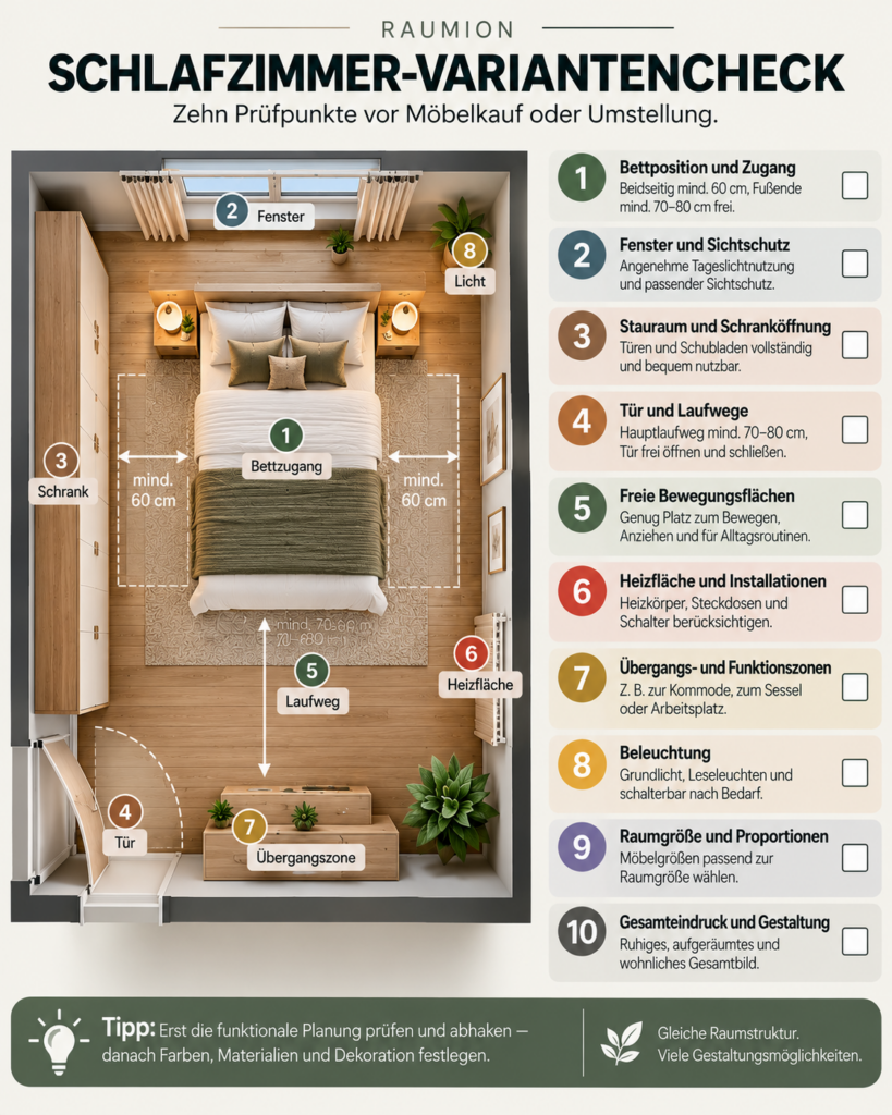 RAUMION Schlafzimmer Variantencheck mit Bett, Schrank, Fenster, Laufwegen und zehn Prüfpunkten