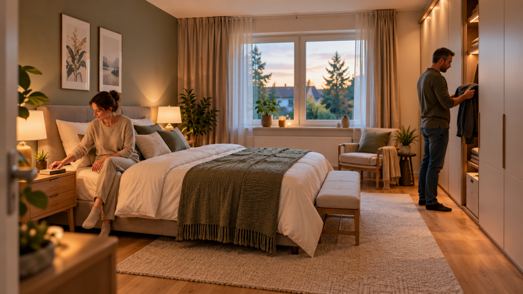 Ruhig eingerichtetes Schlafzimmer mit Bett Kleiderschrank freien Laufwegen und funktionaler Beleuchtung