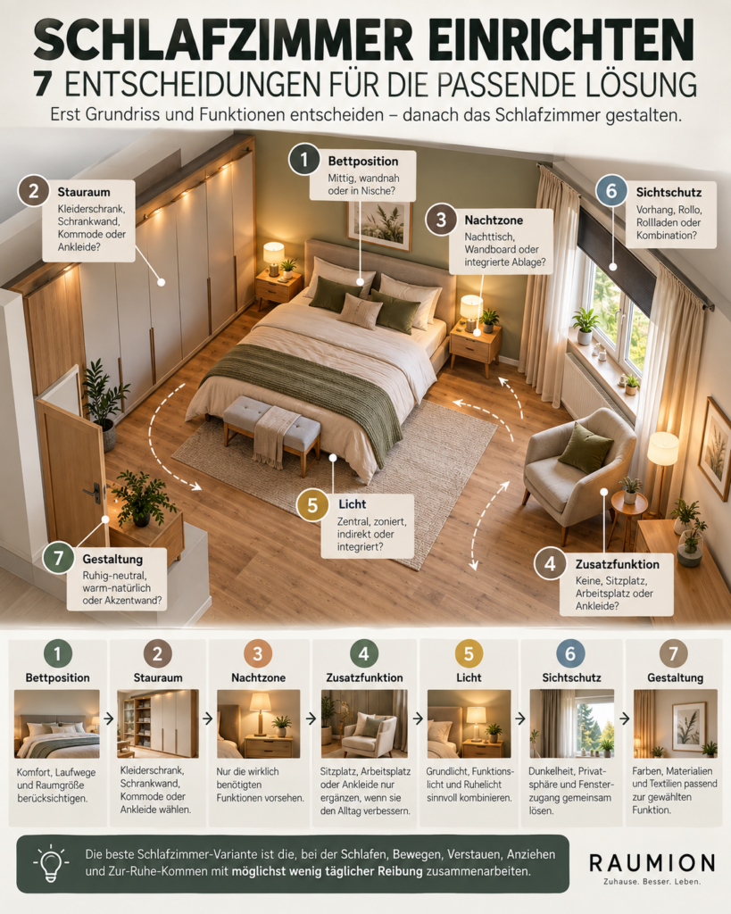 Schlafzimmer einrichten mit dem RAUMION 7-Entscheidungen-Plan für Bett, Stauraum, Licht und Gestaltung