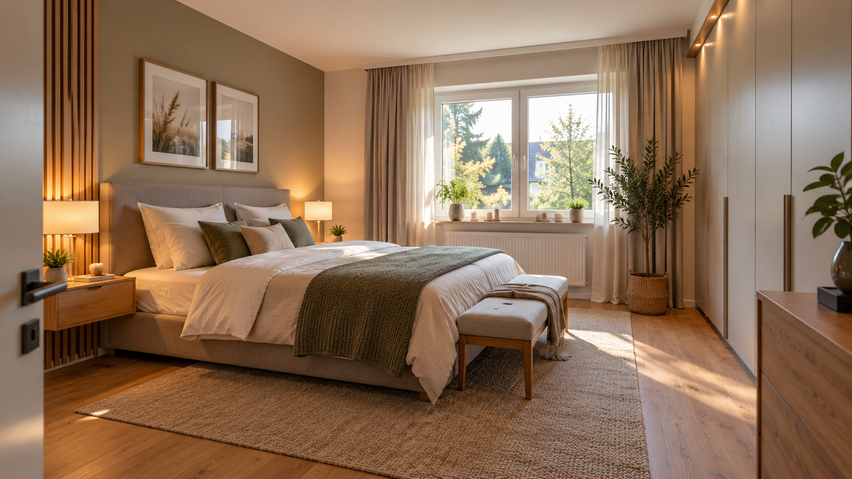 Schlafzimmer einrichten mit Doppelbett, Kleiderschrank, freien Laufwegen und funktionaler Beleuchtung