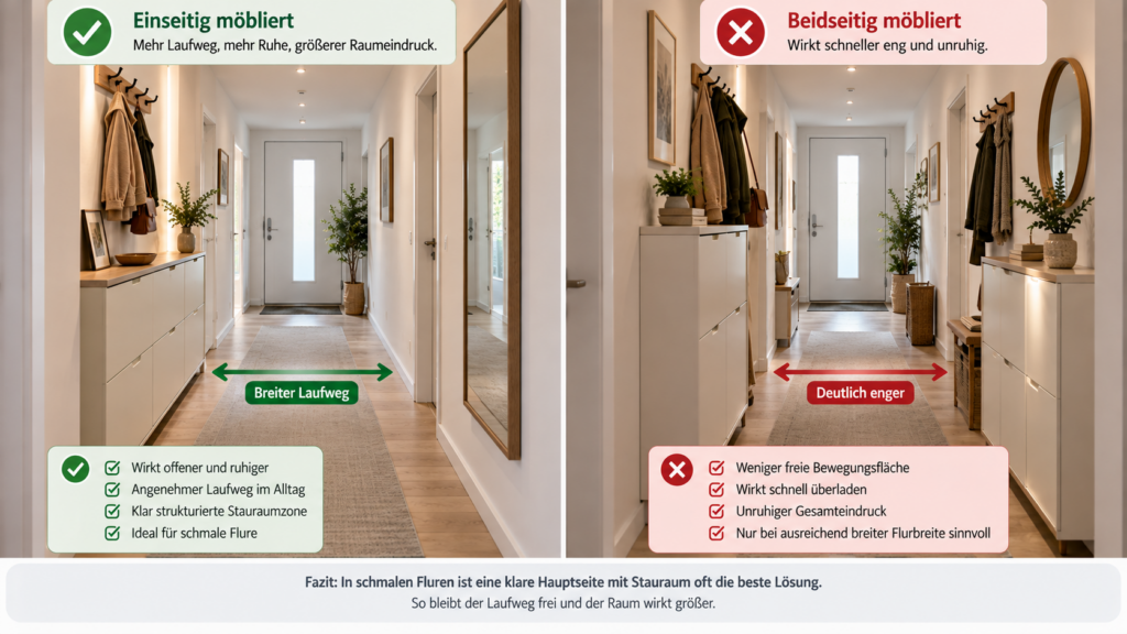 Einseitige und beidseitige Möblierung in einem schmalen Flur im Vergleich