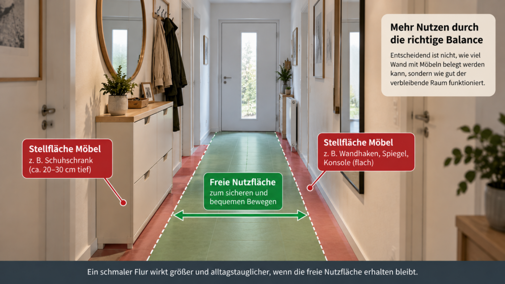 Stellfläche und freie Nutzfläche in einem schmalen Flur