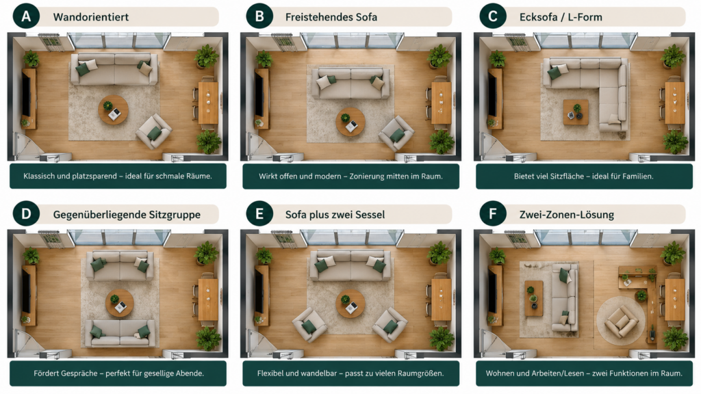 Sechs Varianten zur Anordnung von Sofa, Sesseln und Möbeln im Wohnzimmer