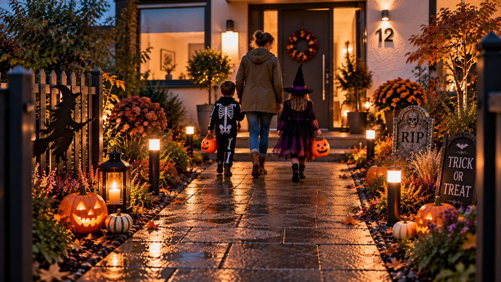 Sicher befestigte Halloween-Deko mit freien Wegen und Kindern am Hauseingang