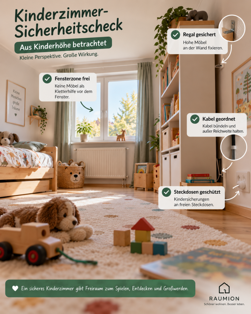 Kinderzimmer aus Kinderhöhe mit gesichertem Regal freier Fensterzone und geordneten Kabeln