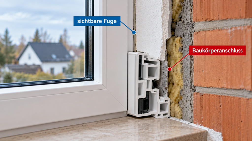 Querschnitt durch Fensterrahmen mit sichtbarer Fuge und dahinterliegendem Baukörperanschluss