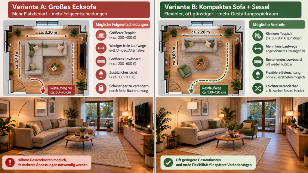 Großes Ecksofa und kleinere Sitzgruppe mit unterschiedlichen Kostenfolgen vergleichen