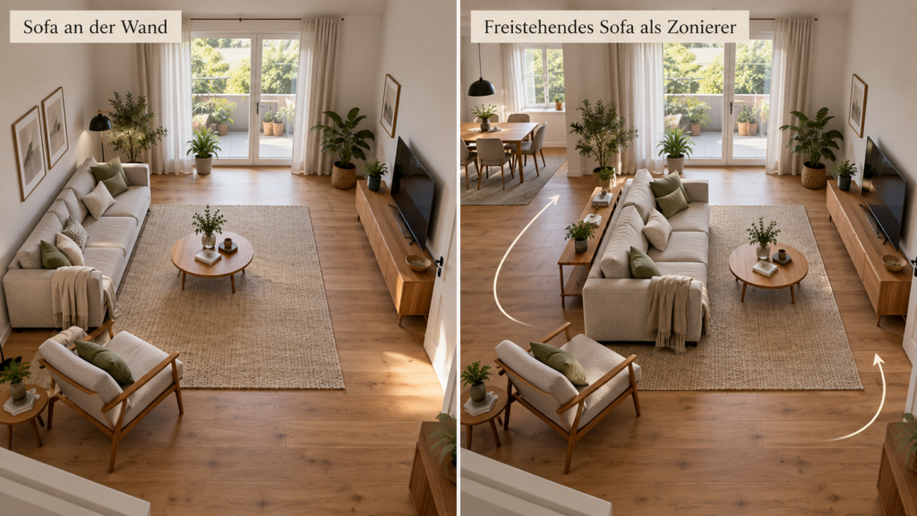 Vergleich Sofa an der Wand und freistehendes Sofa als Raumteiler im Wohnzimmer