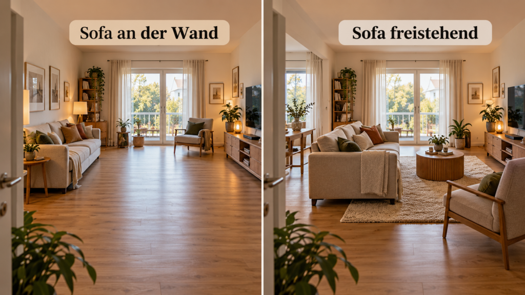 Sofa an der Wand und freistehend im Wohnzimmer im direkten Vergleich. Wohnzimmer Möbel anordnen.