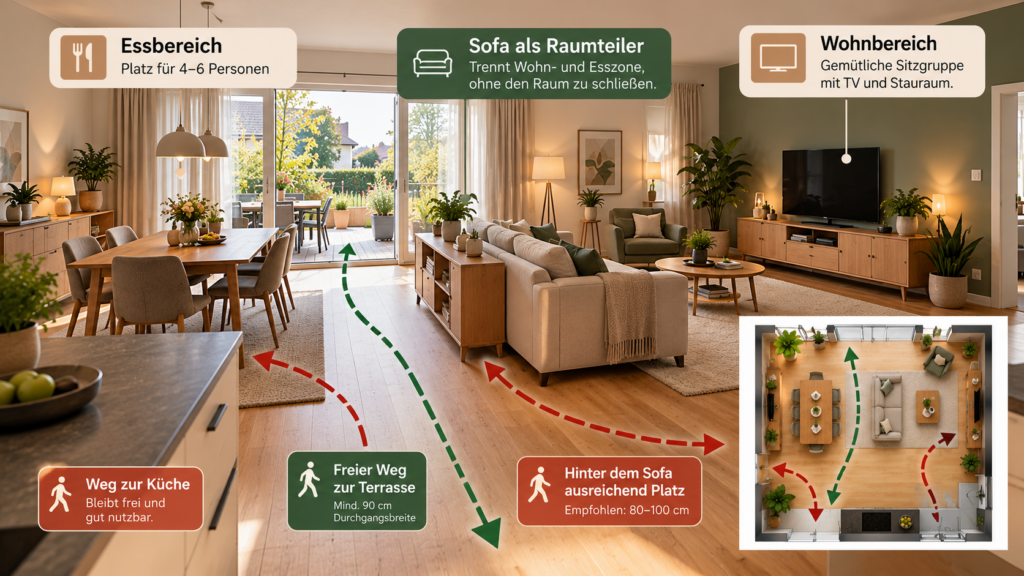 Offenes Wohn-Esszimmer mit freistehendem Sofa als Raumteiler und freien Laufwegen
