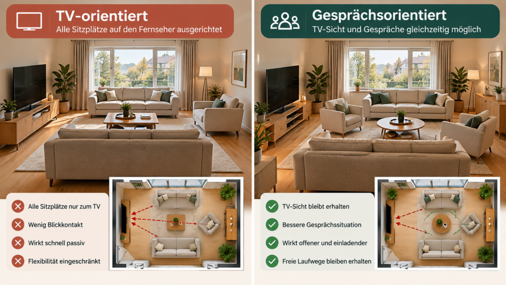 TV-orientierte und gesprächsorientierte Möbelanordnung im Wohnzimmer im Vergleich