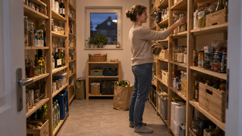 Übersichtlich geplante Speisekammer mit gut erreichbaren Vorräten und freiem Laufweg
