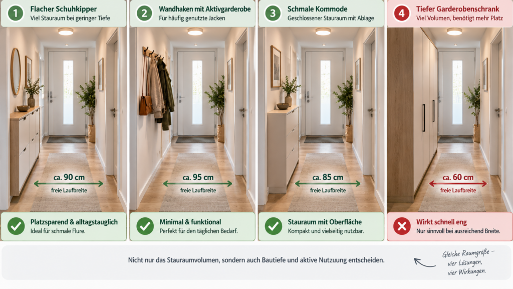 Vergleich verschiedener Stauraumlösungen für einen schmalen Flur