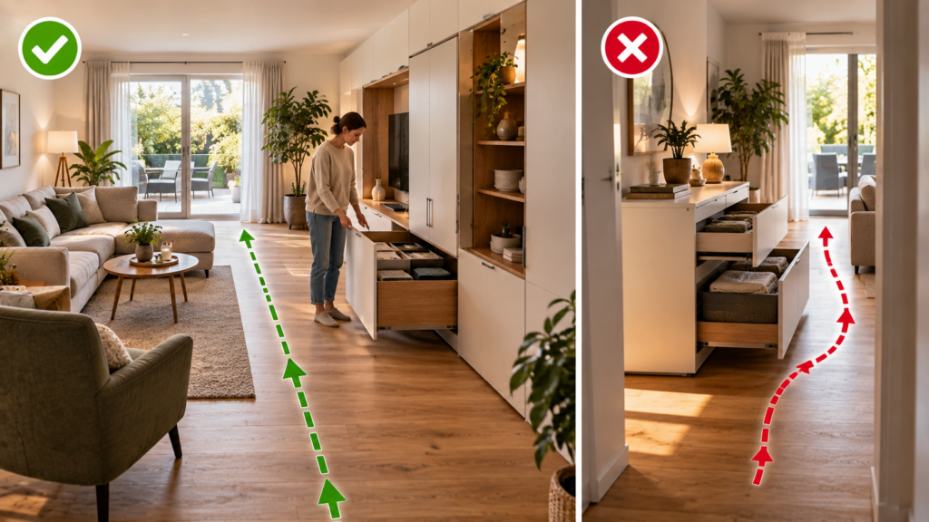 Stauraummöbel im Wohnzimmer mit geöffneten Türen und freien Laufwegen prüfen