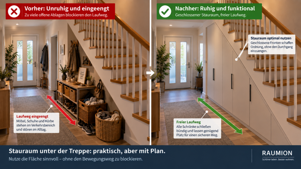 Vergleich von unruhigem und funktional geplantem Stauraum unter einer Treppe