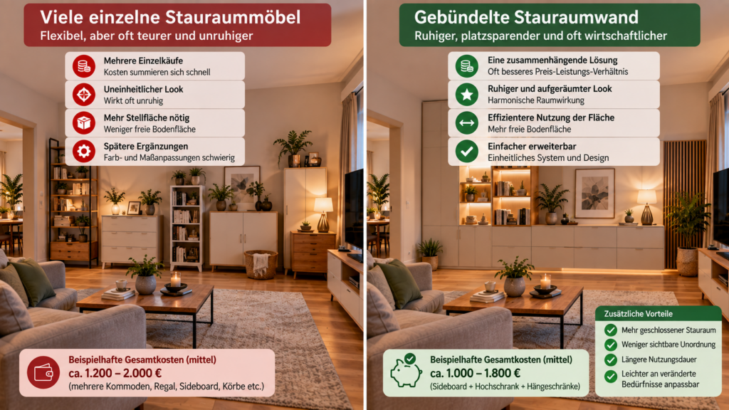 Mehrere einzelne Stauraummöbel und gebündelte Stauraumwand im Wohnzimmer vergleichen