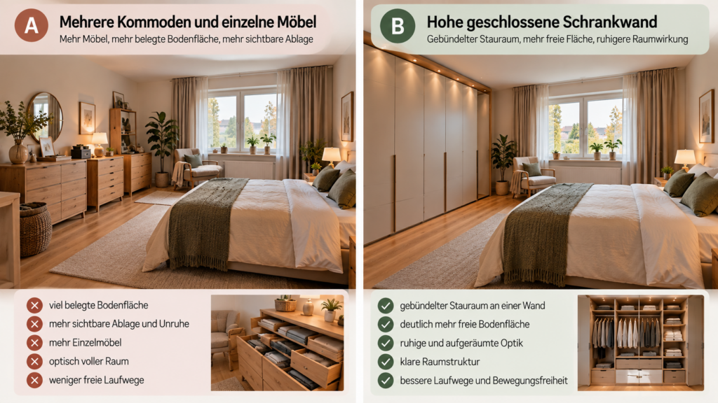 Stauraum im Schlafzimmer vergleichen mit mehreren Kommoden und einer hohen geschlossenen Schrankwand