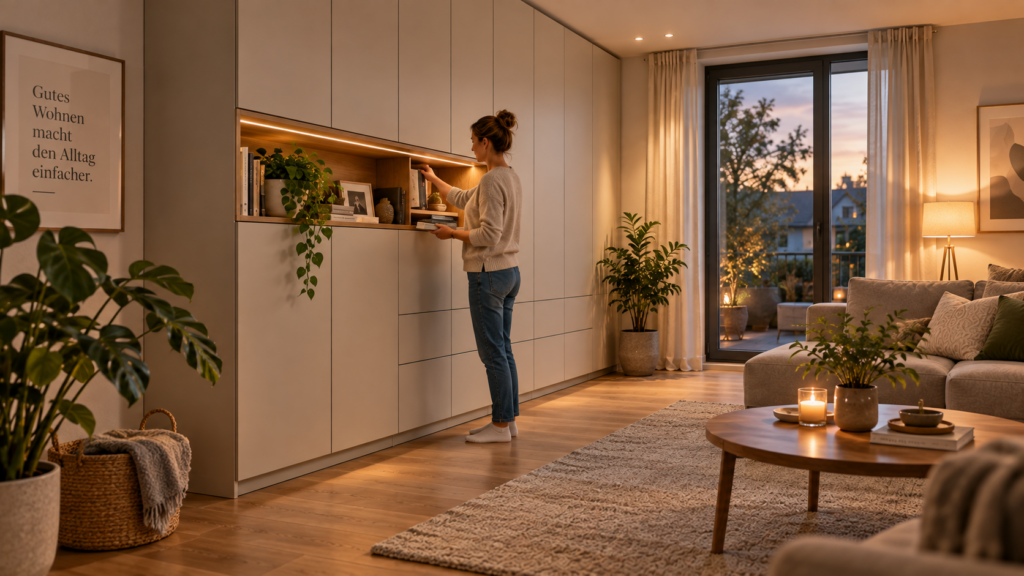 Ruhige Stauraumwand mit geschlossenen Fronten und freiem Laufweg im Wohnzimmer