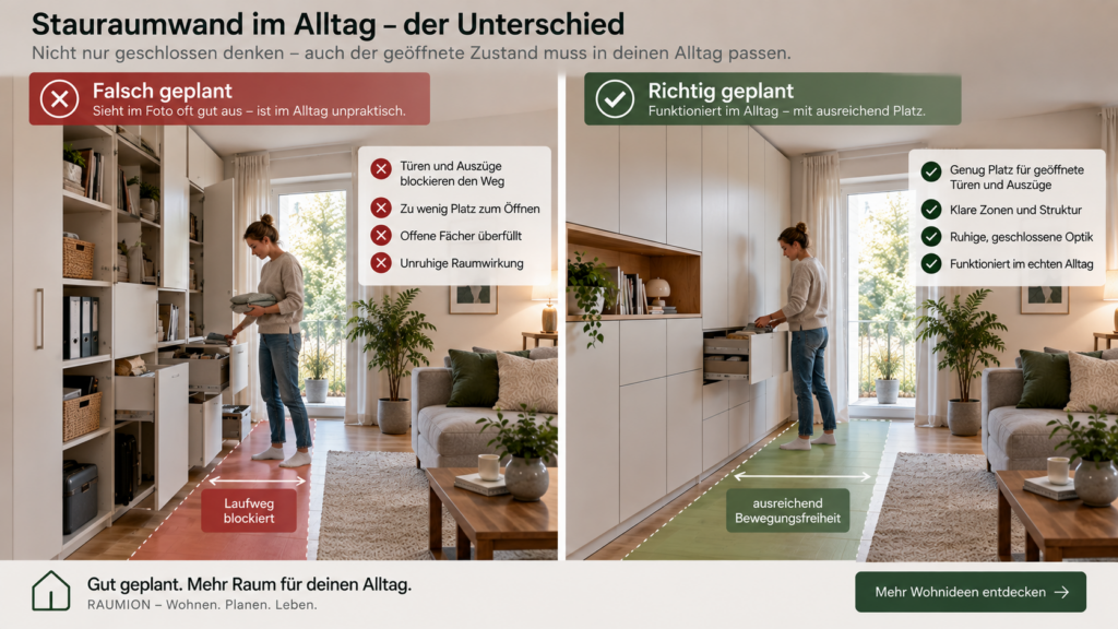 Schlechte und gute Planung einer Stauraumwand im Alltag