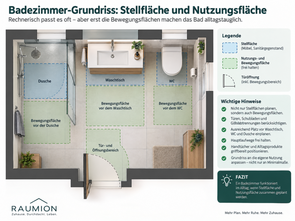 Badezimmergrundriss mit Stellflächen, Bewegungsflächen und freien Laufwegen