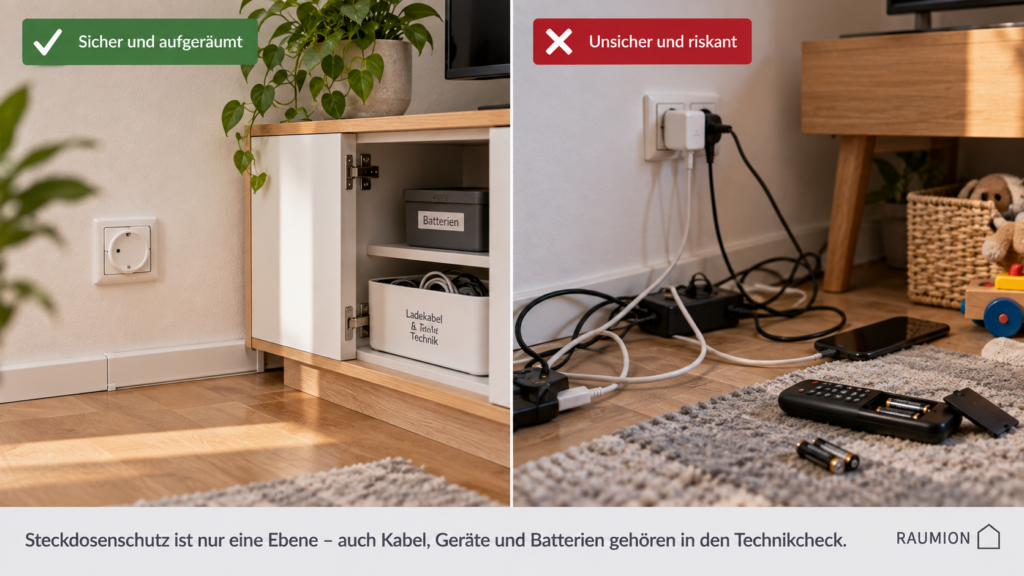 Sichere Steckdosen Kabel und Batterieaufbewahrung in einem Haushalt mit Kindern