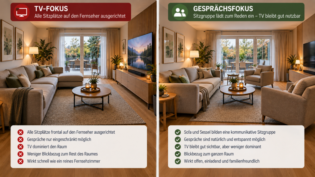 Wohnzimmer mit TV-Fokus im Vergleich zu gesprächsorientierter Sitzgruppe