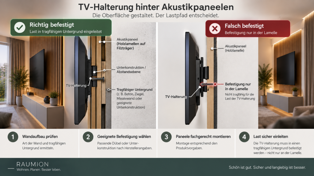 Richtige Befestigung einer TV-Halterung durch Akustikpaneele in einen tragfähigen Wanduntergrund