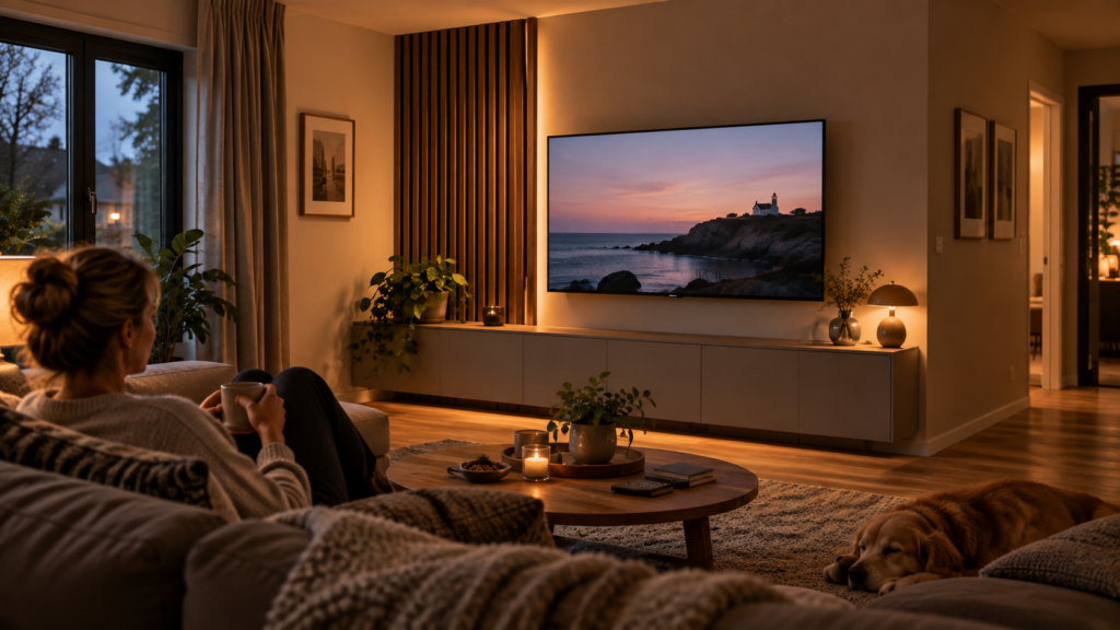 Ruhige TV-Wand mit Akustikpaneelen, Fernseher, geschlossenem Lowboard und indirekter Beleuchtung