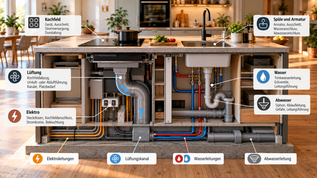 Strom, Wasser, Abwasser und Lüftung als technische Kostentreiber einer Kücheninsel
